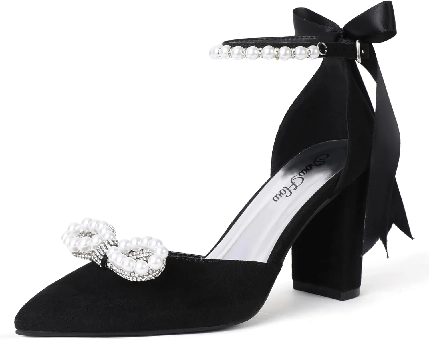 ShowHow Women's Pearl Wedding Shoes for Bride Closed Toe Heels Chunky Block Dress Heels Pointed Toe Rhinestone Pearl Ankle Strap Heels for Bridesmaid Prom Wedding Party Work