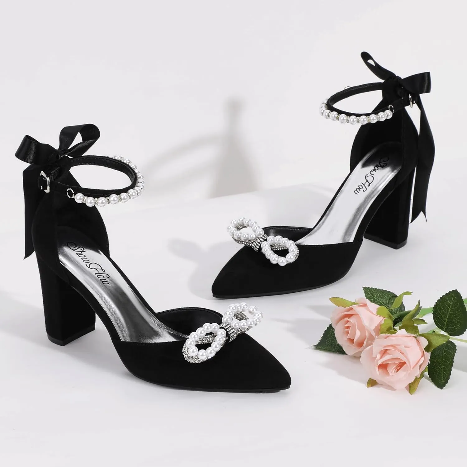 ShowHow Women's Pearl Wedding Shoes for Bride Closed Toe Heels Chunky Block Dress Heels Pointed Toe Rhinestone Pearl Ankle Strap Heels for Bridesmaid Prom Wedding Party Work