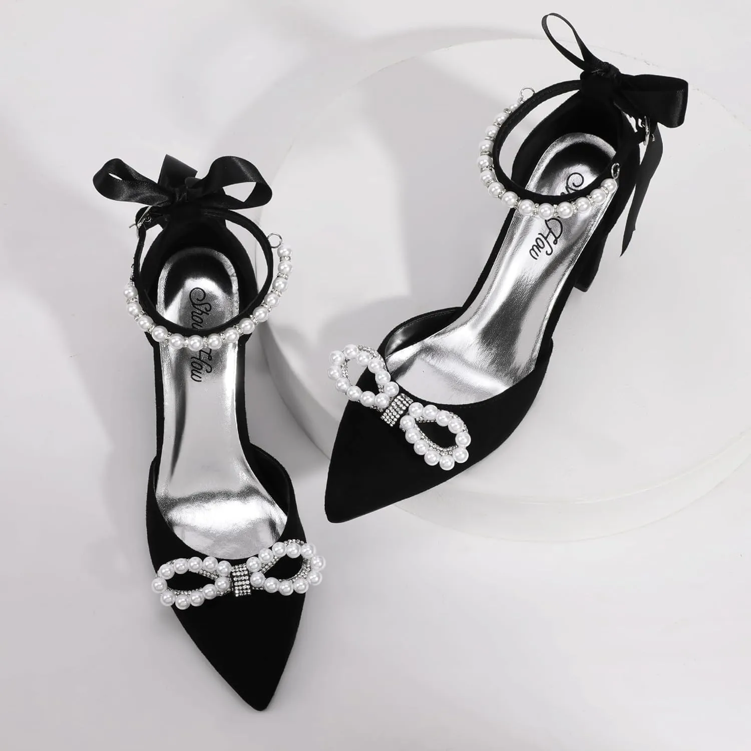 ShowHow Women's Pearl Wedding Shoes for Bride Closed Toe Heels Chunky Block Dress Heels Pointed Toe Rhinestone Pearl Ankle Strap Heels for Bridesmaid Prom Wedding Party Work