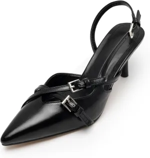 Slingback Kitten Heels for Women Pointed Toe Heels Closed Toe Low Heel Wedding Dress Pumps with Buckles Strap