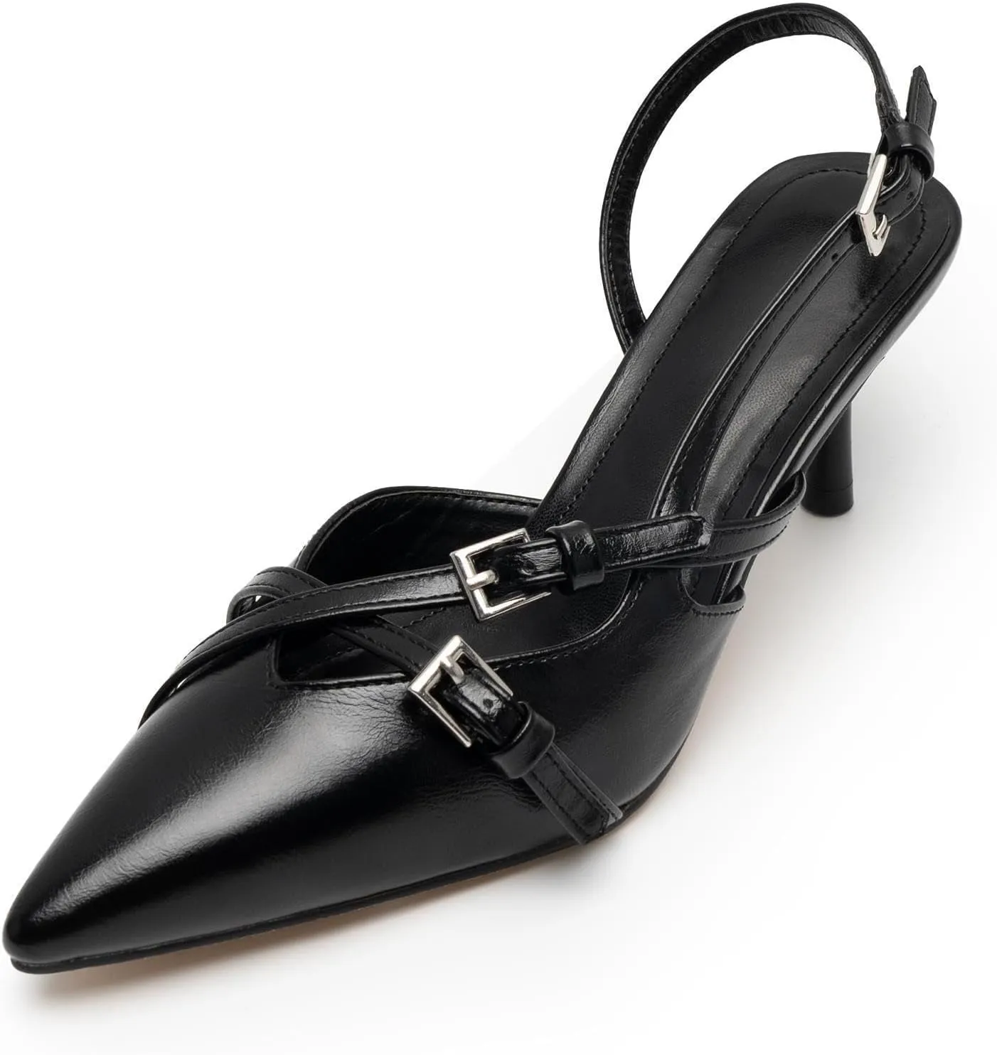 Slingback Kitten Heels for Women Pointed Toe Heels Closed Toe Low Heel Wedding Dress Pumps with Buckles Strap