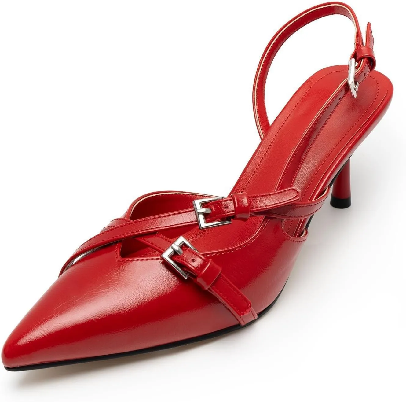 Slingback Kitten Heels for Women Pointed Toe Heels Closed Toe Low Heel Wedding Dress Pumps with Buckles Strap