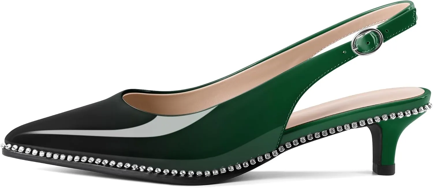 Slingback Low Heels Women Kitten Heel Rhinestones Beaded Pumps Closed Pointd Toe Shoes Slip On Event Party 1.5 Inch Dressy Sandals