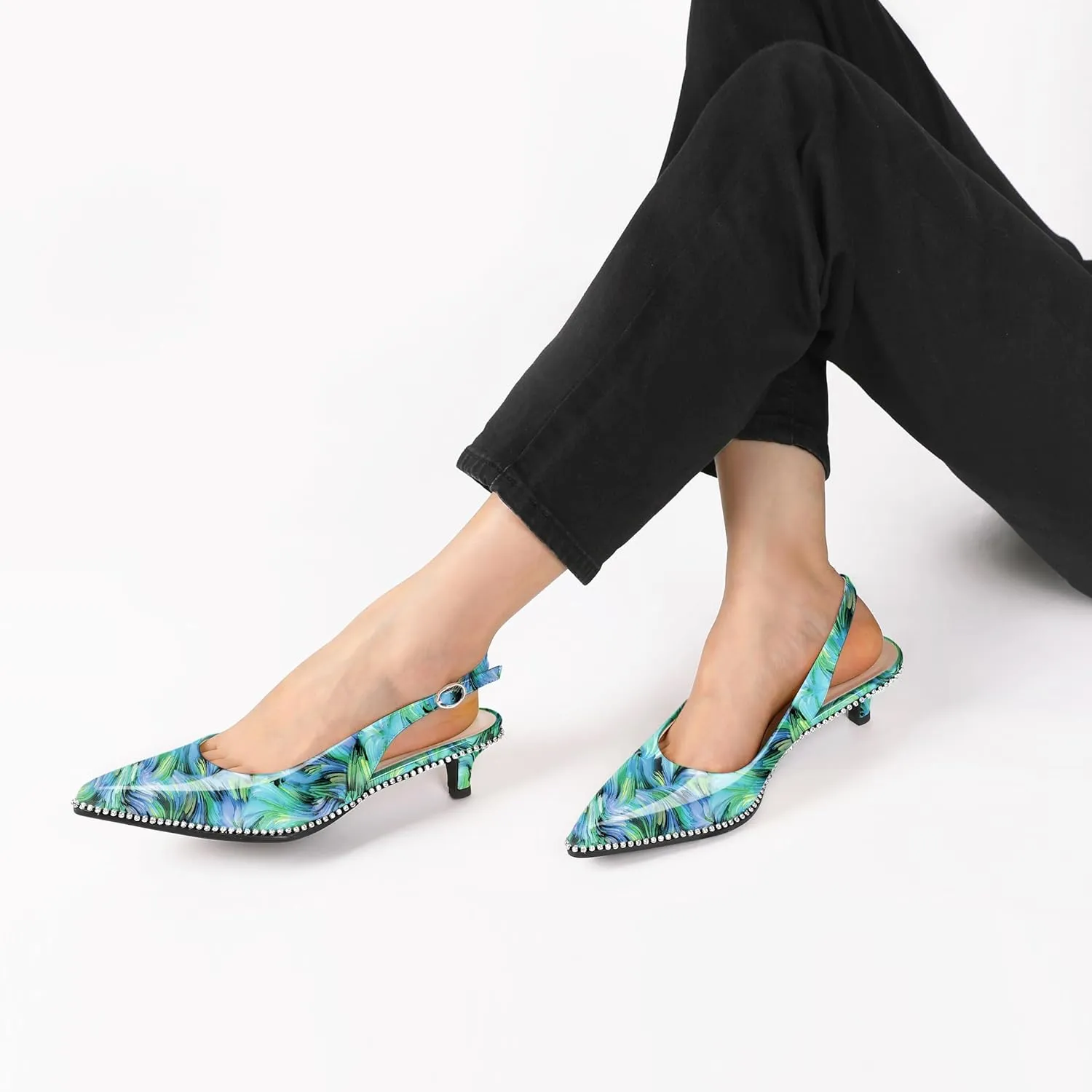 Slingback Low Heels Women Kitten Heel Rhinestones Beaded Pumps Closed Pointd Toe Shoes Slip On Event Party 1.5 Inch Dressy Sandals