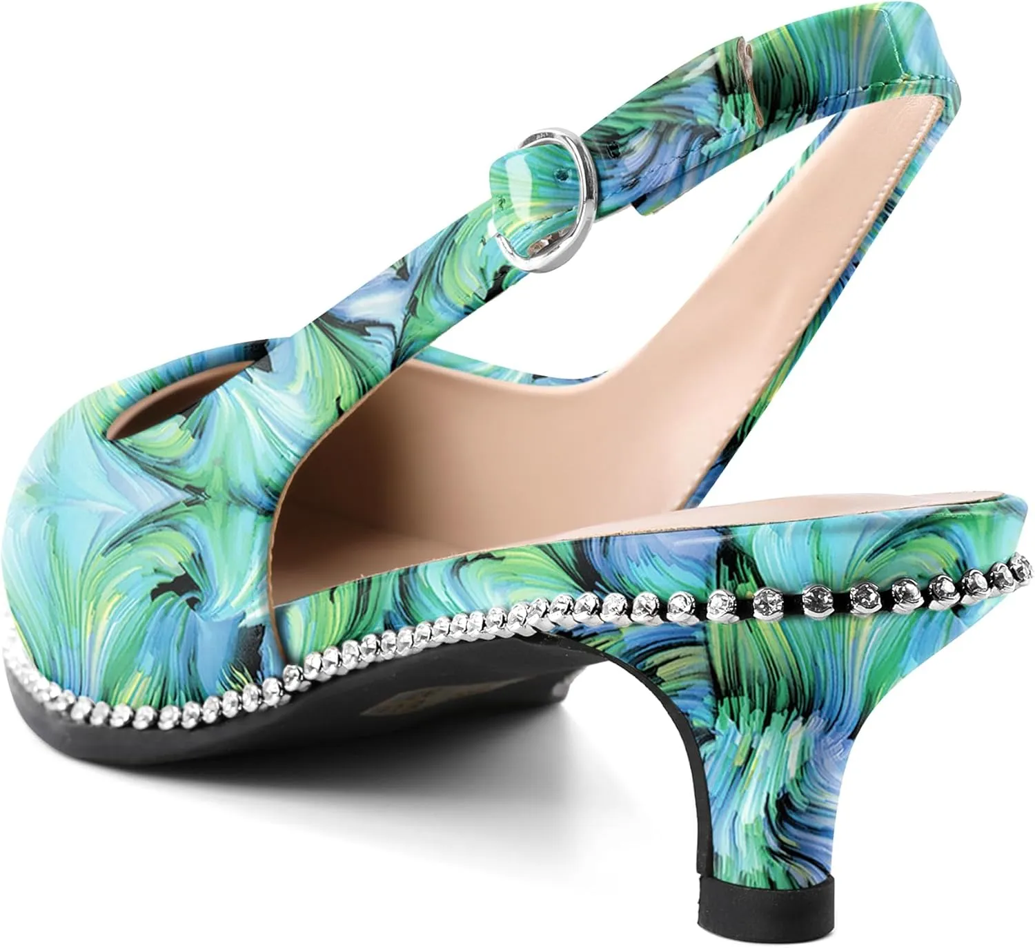 Slingback Low Heels Women Kitten Heel Rhinestones Beaded Pumps Closed Pointd Toe Shoes Slip On Event Party 1.5 Inch Dressy Sandals