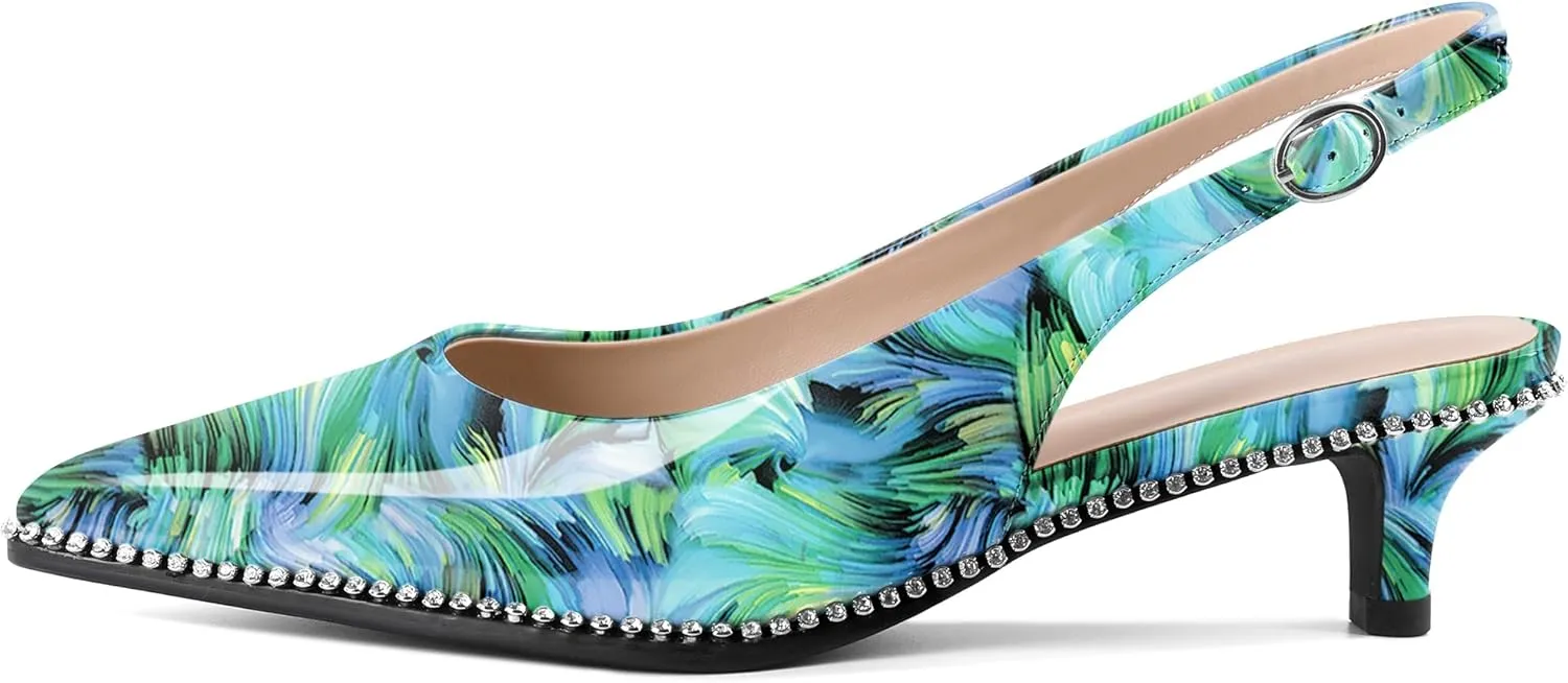 Slingback Low Heels Women Kitten Heel Rhinestones Beaded Pumps Closed Pointd Toe Shoes Slip On Event Party 1.5 Inch Dressy Sandals