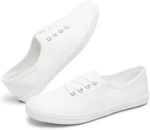 TUOPIN Womens White Canvas Sneakers Low Top Lace-up Canvas Shoes Lightweight Casual Tennis Shoes