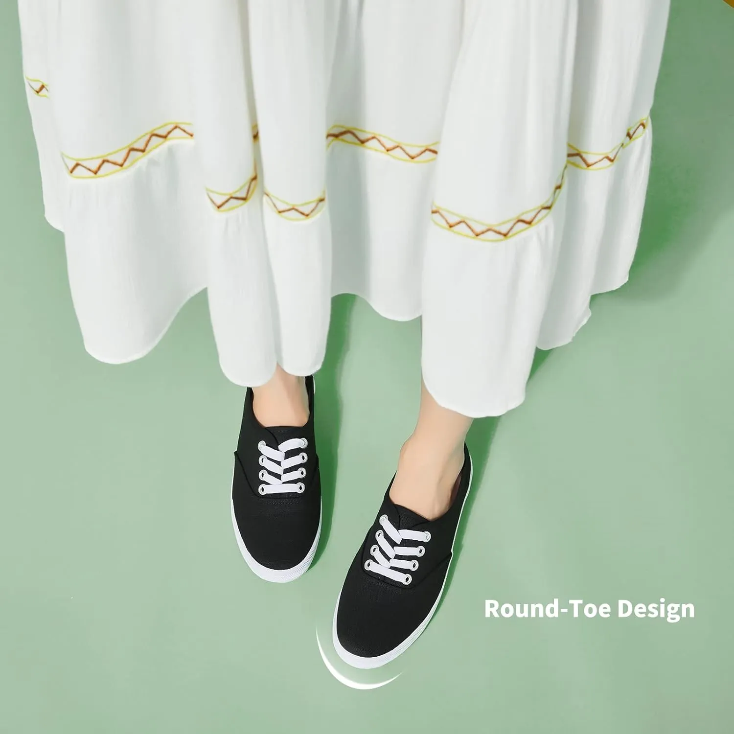 TUOPIN Womens White Canvas Sneakers Low Top Lace-up Canvas Shoes Lightweight Casual Tennis Shoes