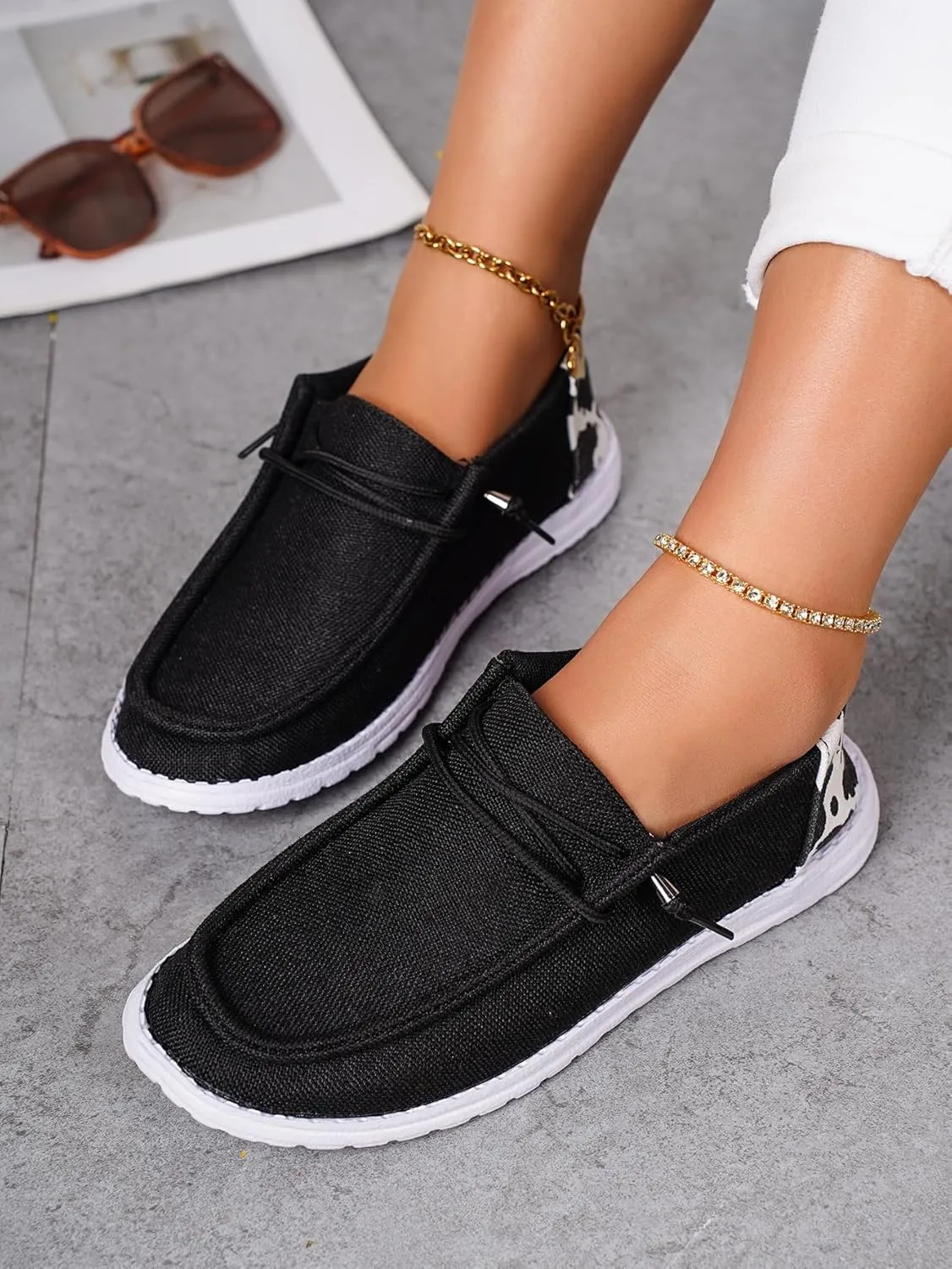 Unisex-Adult Black Canvas Loafers Cow Print Comfortable Boat Shoes Easy Slip On Lightweight Deck Shoes Elastic Laces Outdoor Flat Walking Driving Shoes Breathable Shoes Sneakers