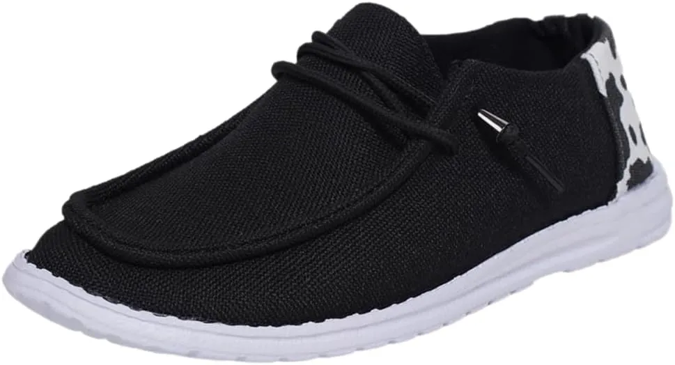 Unisex-Adult Black Canvas Loafers Cow Print Comfortable Boat Shoes Easy Slip On Lightweight Deck Shoes Elastic Laces Outdoor Flat Walking Driving Shoes Breathable Shoes Sneakers