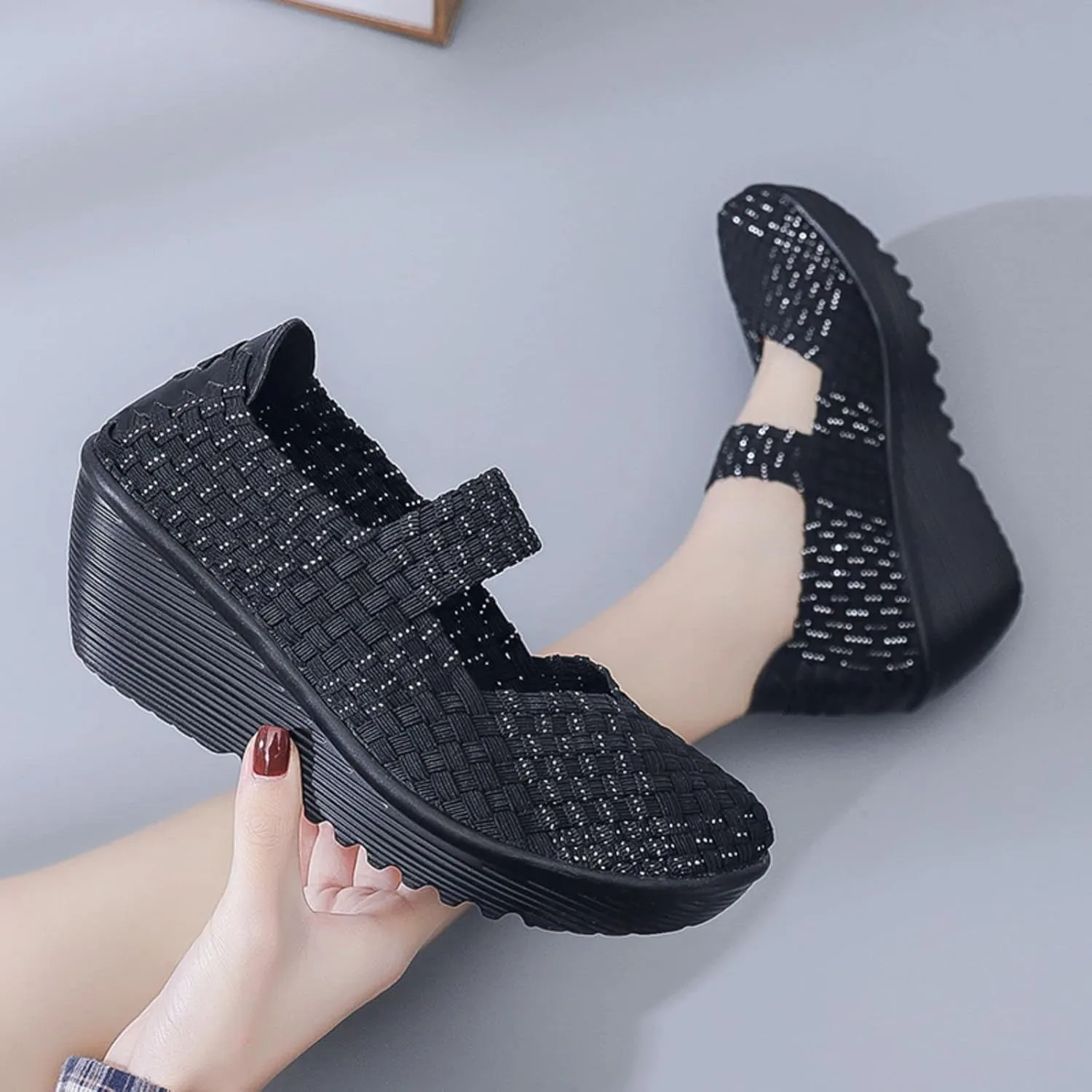 Veroders Women's Woven Elastic Platform Sandals Platform Wedge Sandals for Women Slip-On Wedge Woven Pumps Shoes