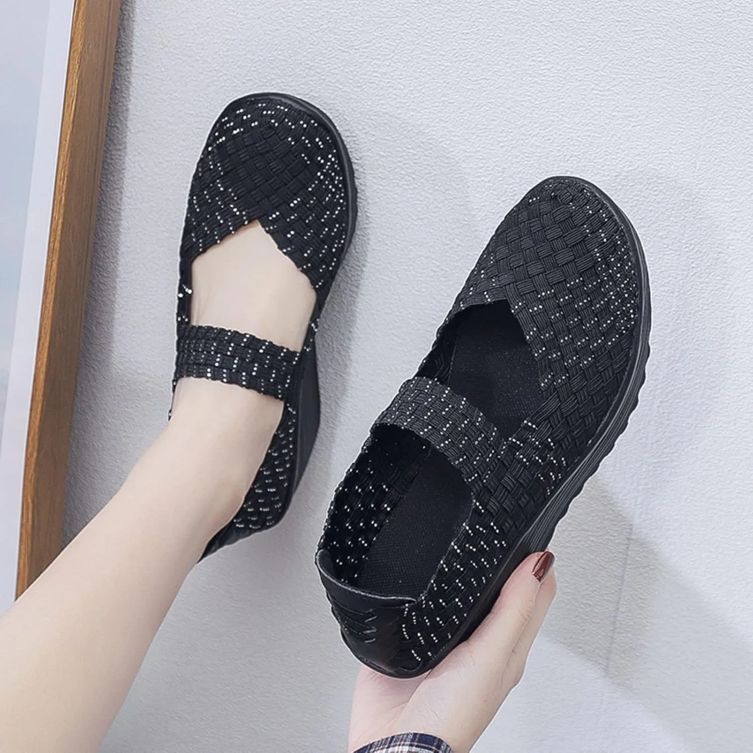 Veroders Women's Woven Elastic Platform Sandals Platform Wedge Sandals for Women Slip-On Wedge Woven Pumps Shoes