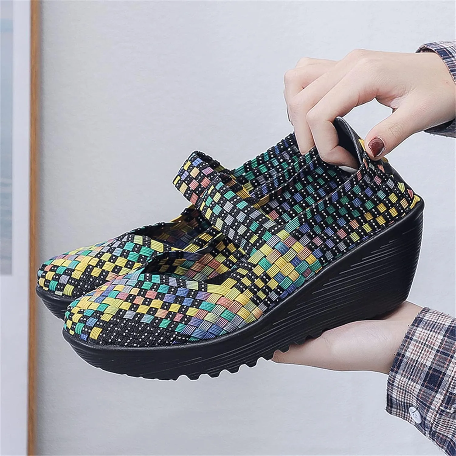 Veroders Women's Woven Elastic Platform Sandals Platform Wedge Sandals for Women Slip-On Wedge Woven Pumps Shoes