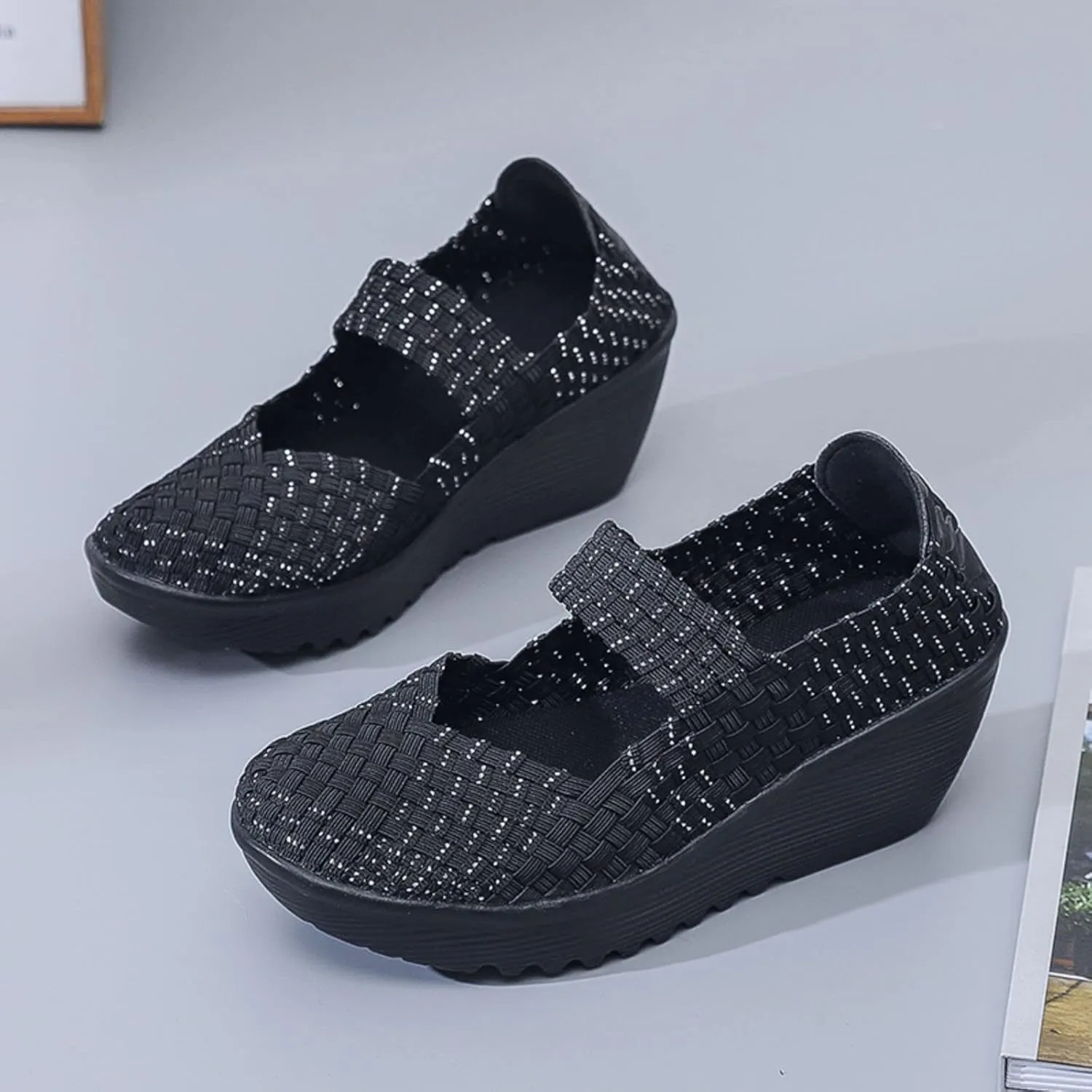 Veroders Women's Woven Elastic Platform Sandals Platform Wedge Sandals for Women Slip-On Wedge Woven Pumps Shoes