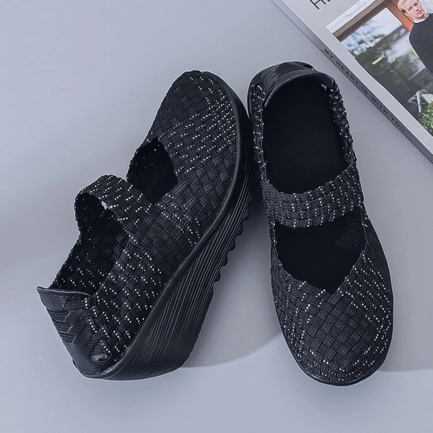 Veroders Women's Woven Elastic Platform Sandals Platform Wedge Sandals for Women Slip-On Wedge Woven Pumps Shoes