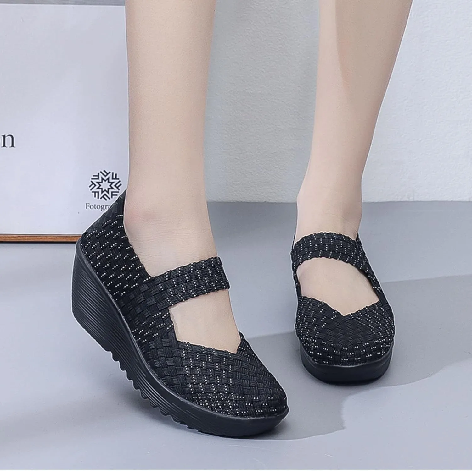 Veroders Women's Woven Elastic Platform Sandals Platform Wedge Sandals for Women Slip-On Wedge Woven Pumps Shoes