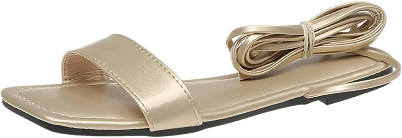 VESNIBA Women's Strappy Sandals Square Open Toe Flat Bottomed Casual Beach Sandals for Party Soft Shoes Casual Daily Dress