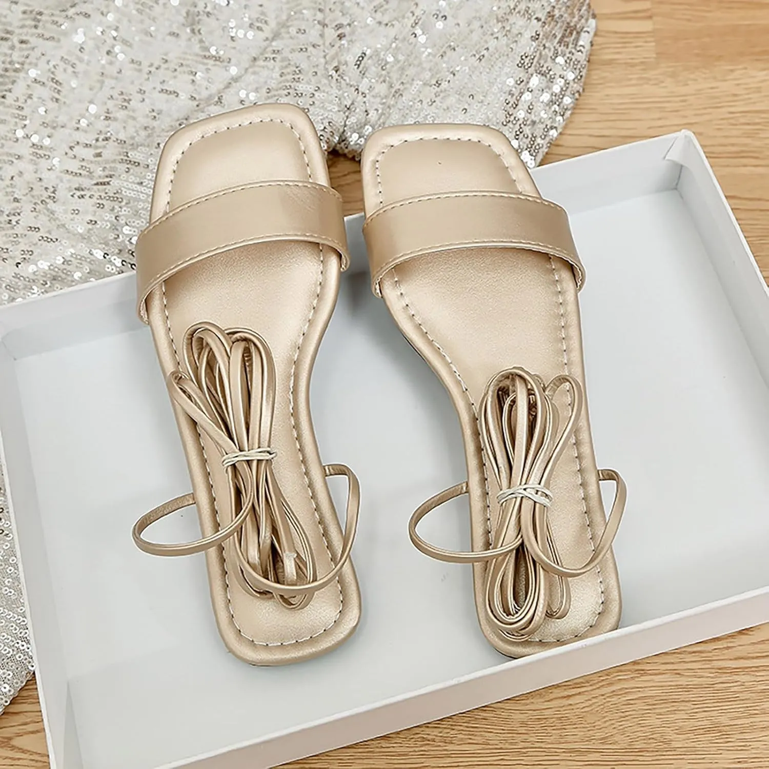 VESNIBA Women's Strappy Sandals Square Open Toe Flat Bottomed Casual Beach Sandals for Party Soft Shoes Casual Daily Dress