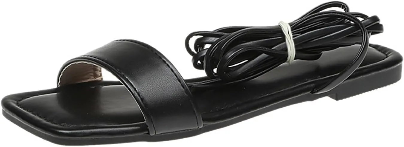 VESNIBA Women's Strappy Sandals Square Open Toe Flat Bottomed Casual Beach Sandals for Party Soft Shoes Casual Daily Dress