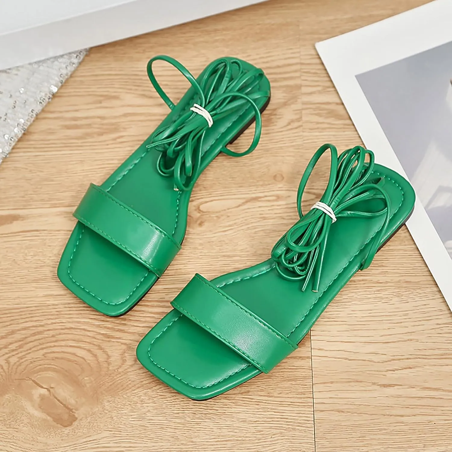 VESNIBA Women's Strappy Sandals Square Open Toe Flat Bottomed Casual Beach Sandals for Party Soft Shoes Casual Daily Dress