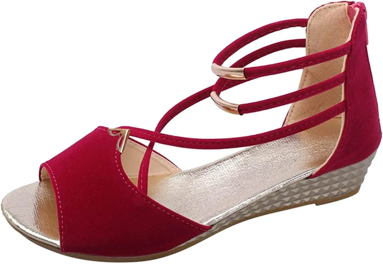 Wedge Roman Sandals for Women Summer Dressy Casual Peep Toe Shoes Back Zipper Walking Sandal Comfort Flats