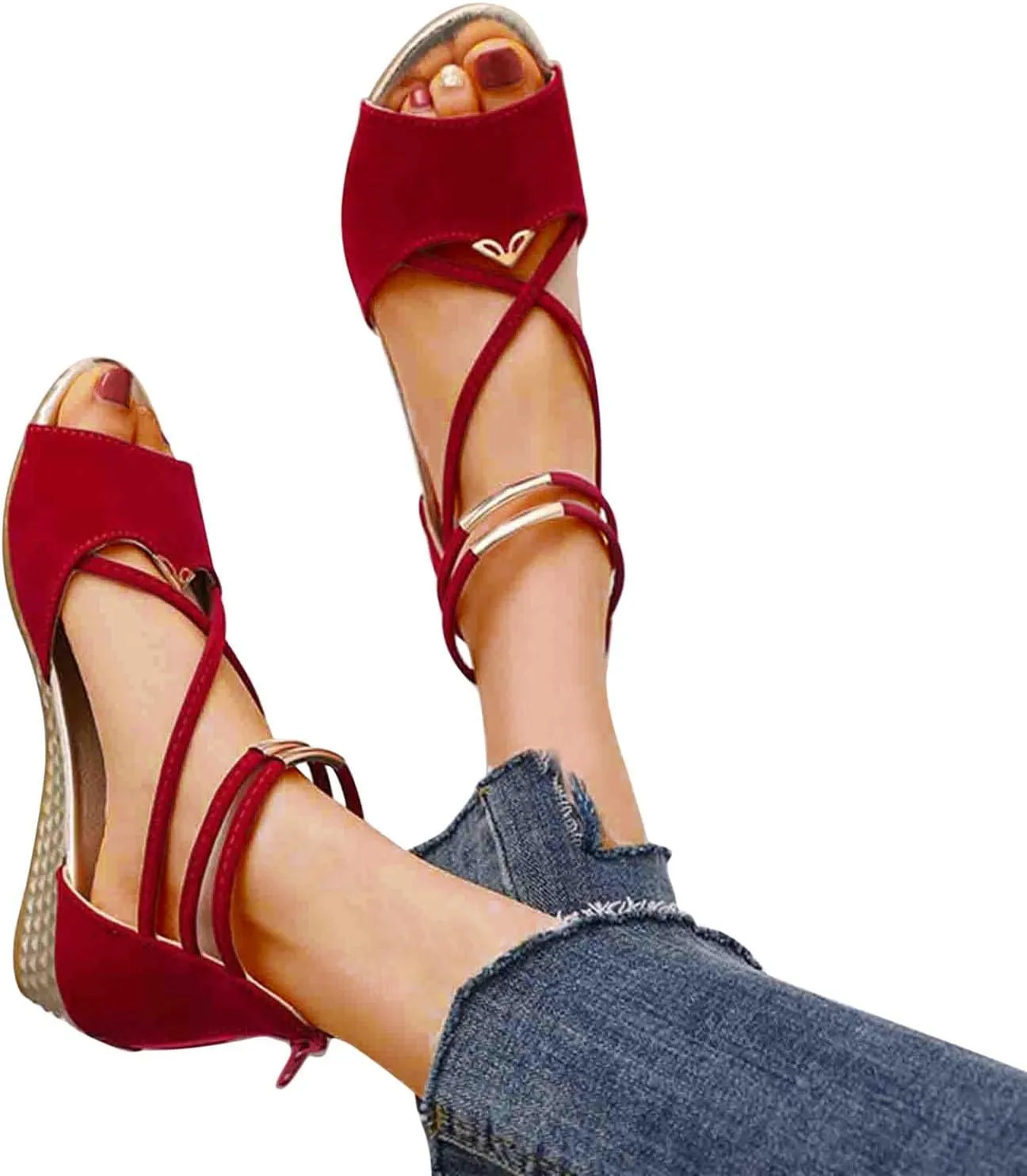 Wedge Roman Sandals for Women Summer Dressy Casual Peep Toe Shoes Back Zipper Walking Sandal Comfort Flats