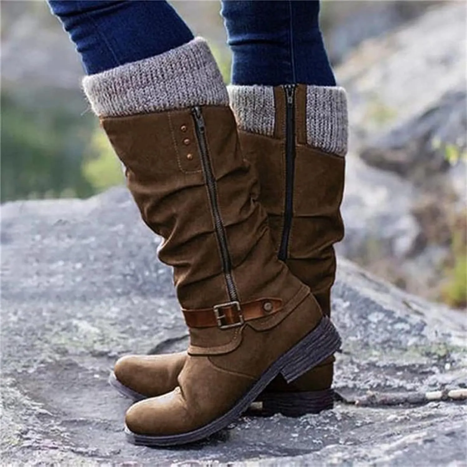 Winter Boots For Women Fashion 2022 Outdoor Walking Mid Calf Lace Up Side Zipper Low Heel Platform Military Combat Boot