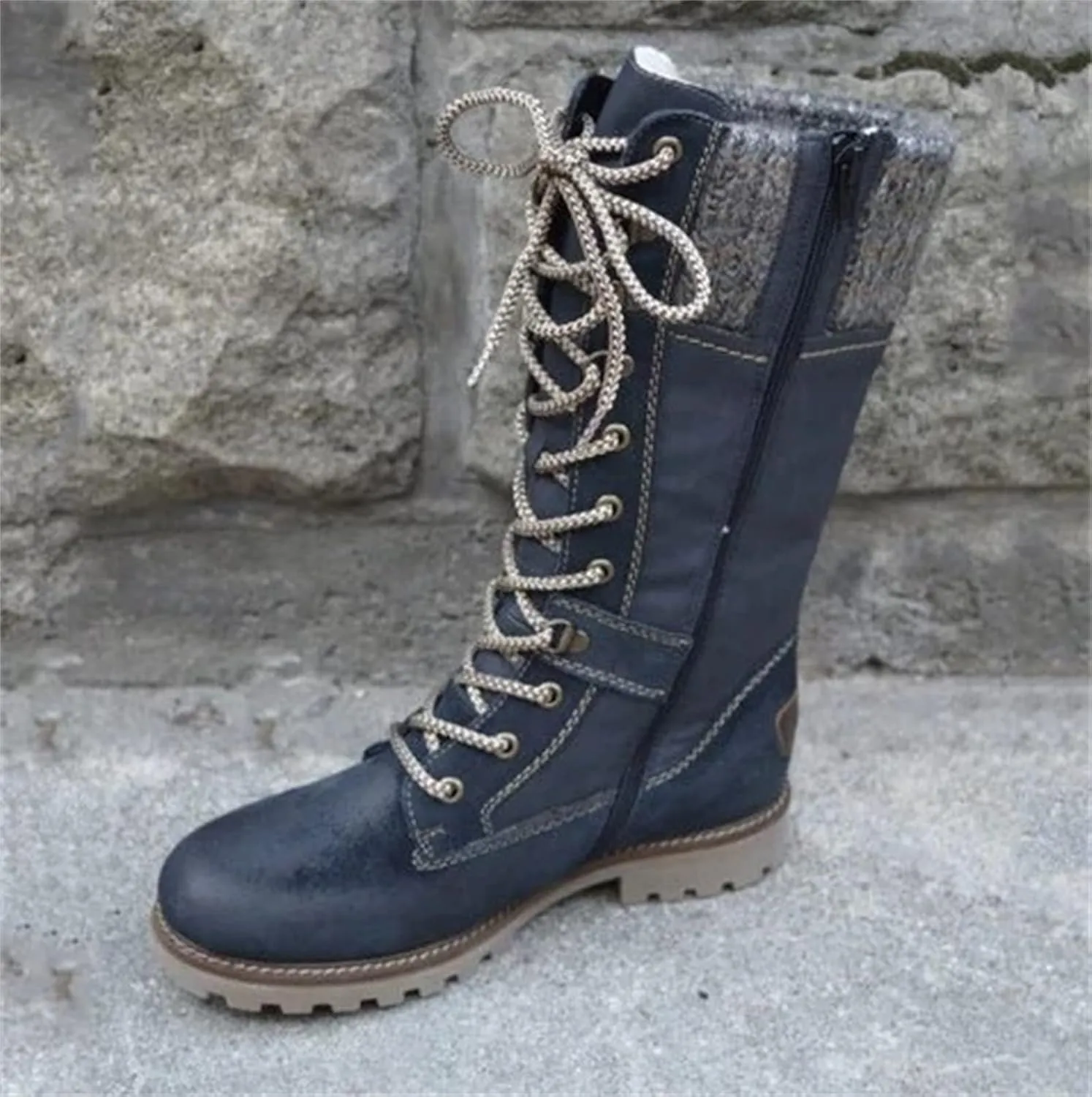 Winter Boots For Women Fashion 2022 Outdoor Walking Mid Calf Lace Up Side Zipper Low Heel Platform Military Combat Boot