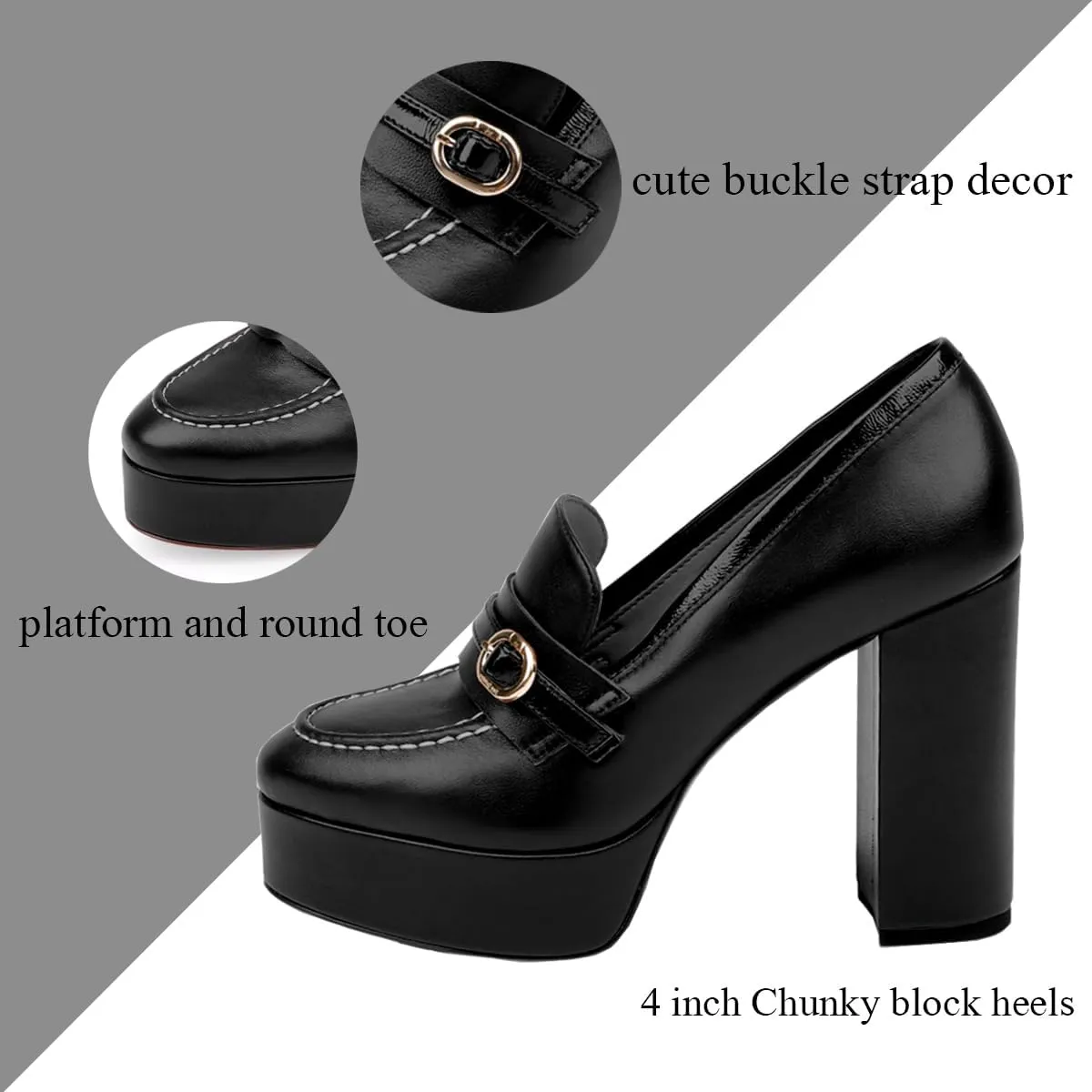 Women Chunky High Heel Platform Loafers Closed Round Toe Heels Loafers Buckle Matte 4 inch Block Heel Penny Loafers Pumps Platform Slip On Dress Heels Office Retro Chic Size 4-11 M US
