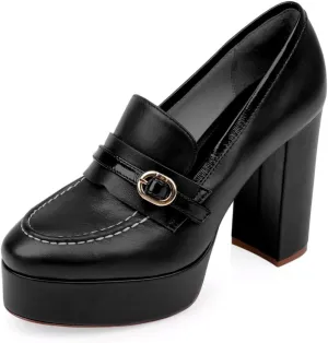 Women Chunky High Heel Platform Loafers Closed Round Toe Heels Loafers Buckle Matte 4 inch Block Heel Penny Loafers Pumps Platform Slip On Dress Heels Office Retro Chic Size 4-11 M US