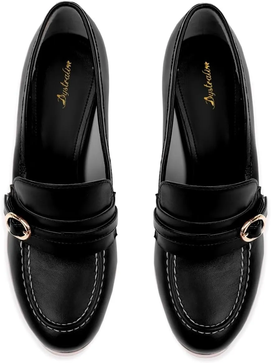 Women Chunky High Heel Platform Loafers Closed Round Toe Heels Loafers Buckle Matte 4 inch Block Heel Penny Loafers Pumps Platform Slip On Dress Heels Office Retro Chic Size 4-11 M US