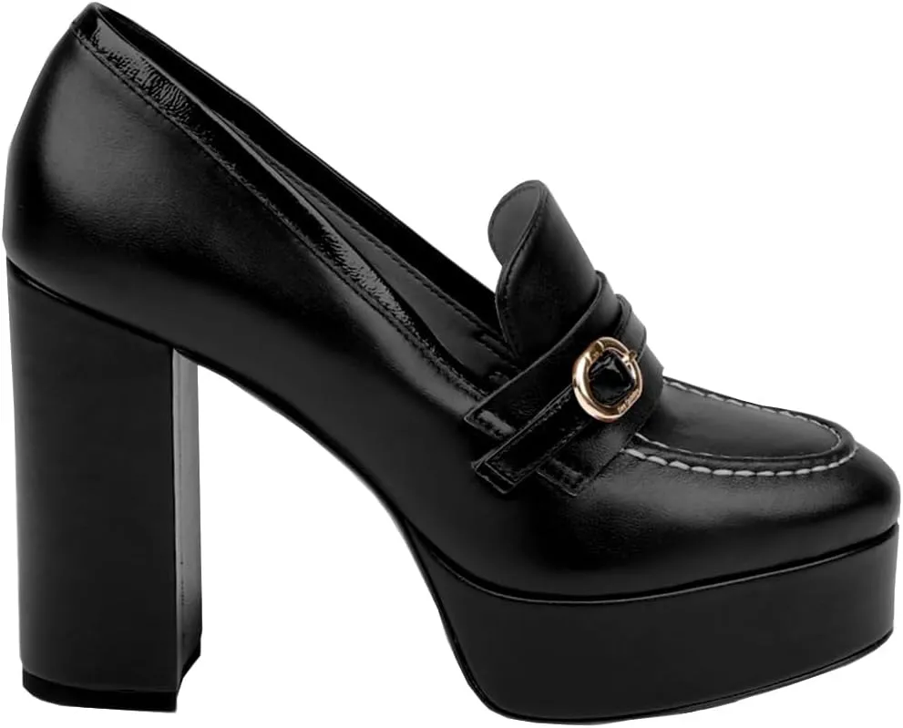 Women Chunky High Heel Platform Loafers Closed Round Toe Heels Loafers Buckle Matte 4 inch Block Heel Penny Loafers Pumps Platform Slip On Dress Heels Office Retro Chic Size 4-11 M US
