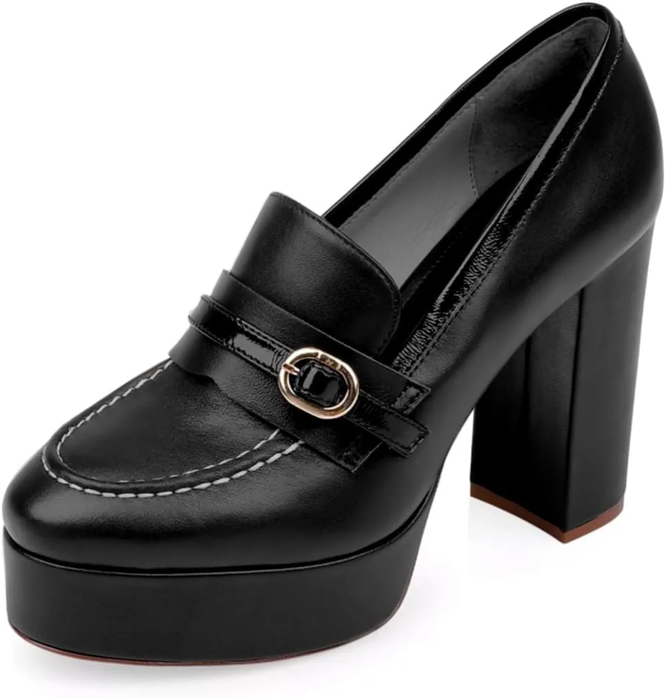 Women Chunky High Heel Platform Loafers Closed Round Toe Heels Loafers Buckle Matte 4 inch Block Heel Penny Loafers Pumps Platform Slip On Dress Heels Office Retro Chic Size 4-11 M US
