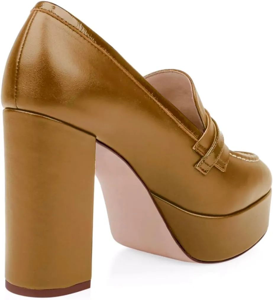 Women Chunky High Heel Platform Loafers Closed Round Toe Heels Loafers Buckle Matte 4 inch Block Heel Penny Loafers Pumps Platform Slip On Dress Heels Office Retro Chic Size 4-11 M US