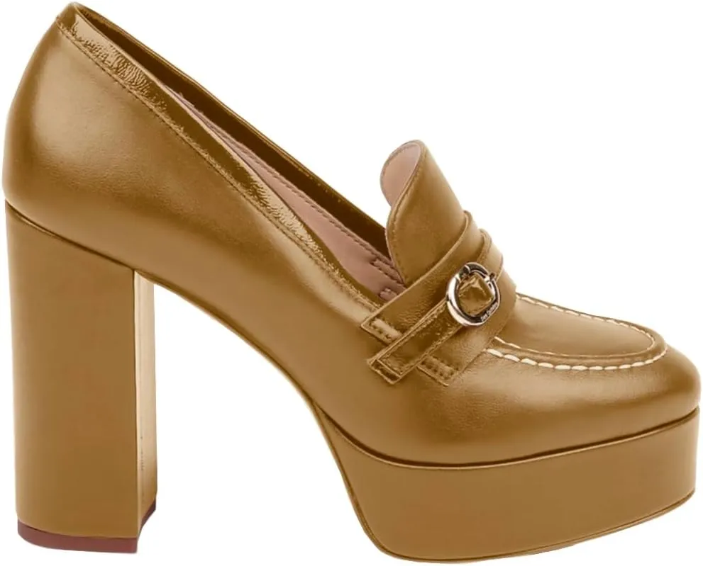 Women Chunky High Heel Platform Loafers Closed Round Toe Heels Loafers Buckle Matte 4 inch Block Heel Penny Loafers Pumps Platform Slip On Dress Heels Office Retro Chic Size 4-11 M US