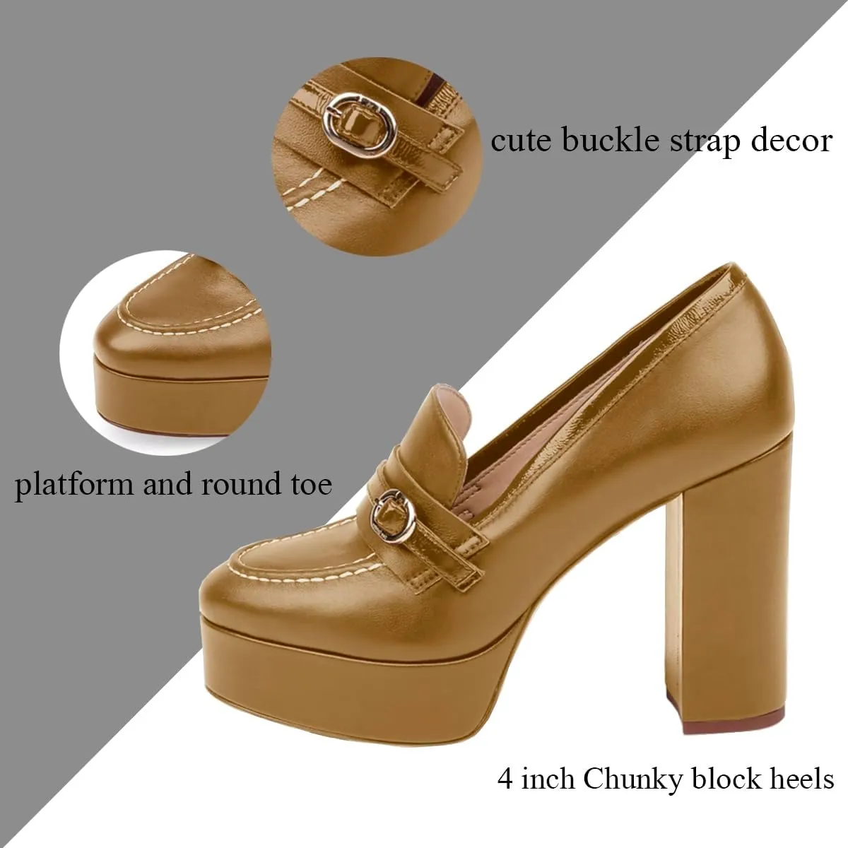 Women Chunky High Heel Platform Loafers Closed Round Toe Heels Loafers Buckle Matte 4 inch Block Heel Penny Loafers Pumps Platform Slip On Dress Heels Office Retro Chic Size 4-11 M US