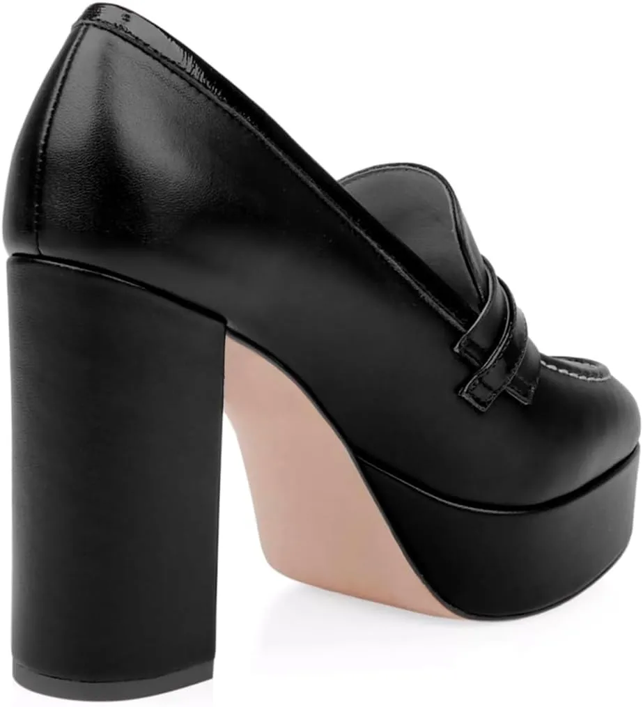 Women Chunky High Heel Platform Loafers Closed Round Toe Heels Loafers Buckle Matte 4 inch Block Heel Penny Loafers Pumps Platform Slip On Dress Heels Office Retro Chic Size 4-11 M US