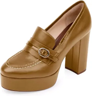 Women Chunky High Heel Platform Loafers Closed Round Toe Heels Loafers Buckle Matte 4 inch Block Heel Penny Loafers Pumps Platform Slip On Dress Heels Office Retro Chic Size 4-11 M US