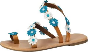 Women Ethnic Flower Beach Sandals Vintage Bohemian Flats Strappy Toe Ring Flat Sandal Comfort Lightweight Shoes
