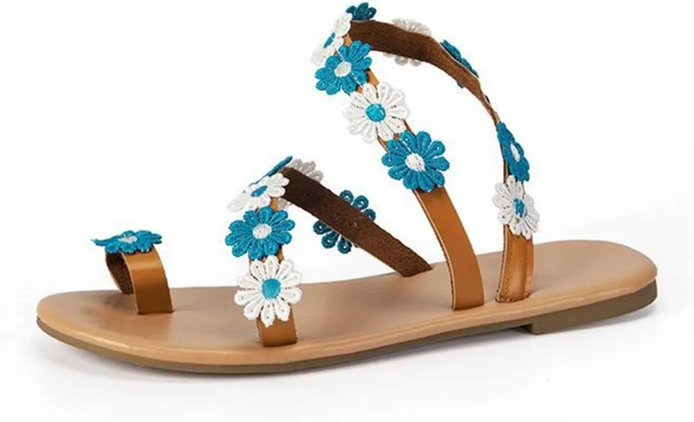 Women Ethnic Flower Beach Sandals Vintage Bohemian Flats Strappy Toe Ring Flat Sandal Comfort Lightweight Shoes