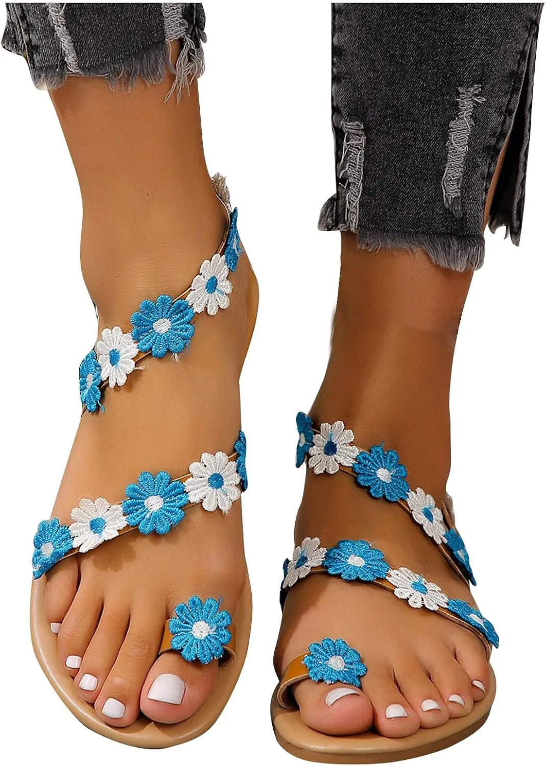 Women Ethnic Flower Beach Sandals Vintage Bohemian Flats Strappy Toe Ring Flat Sandal Comfort Lightweight Shoes