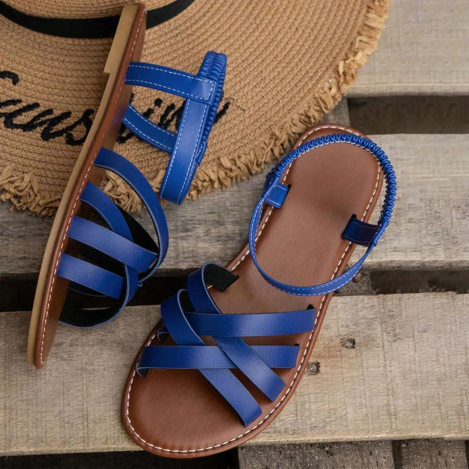 Women Fashion Hollow Strappy Roman Sandals Summer Comfort Walking Flats Casual Lightweight Flat Sandal Shoes