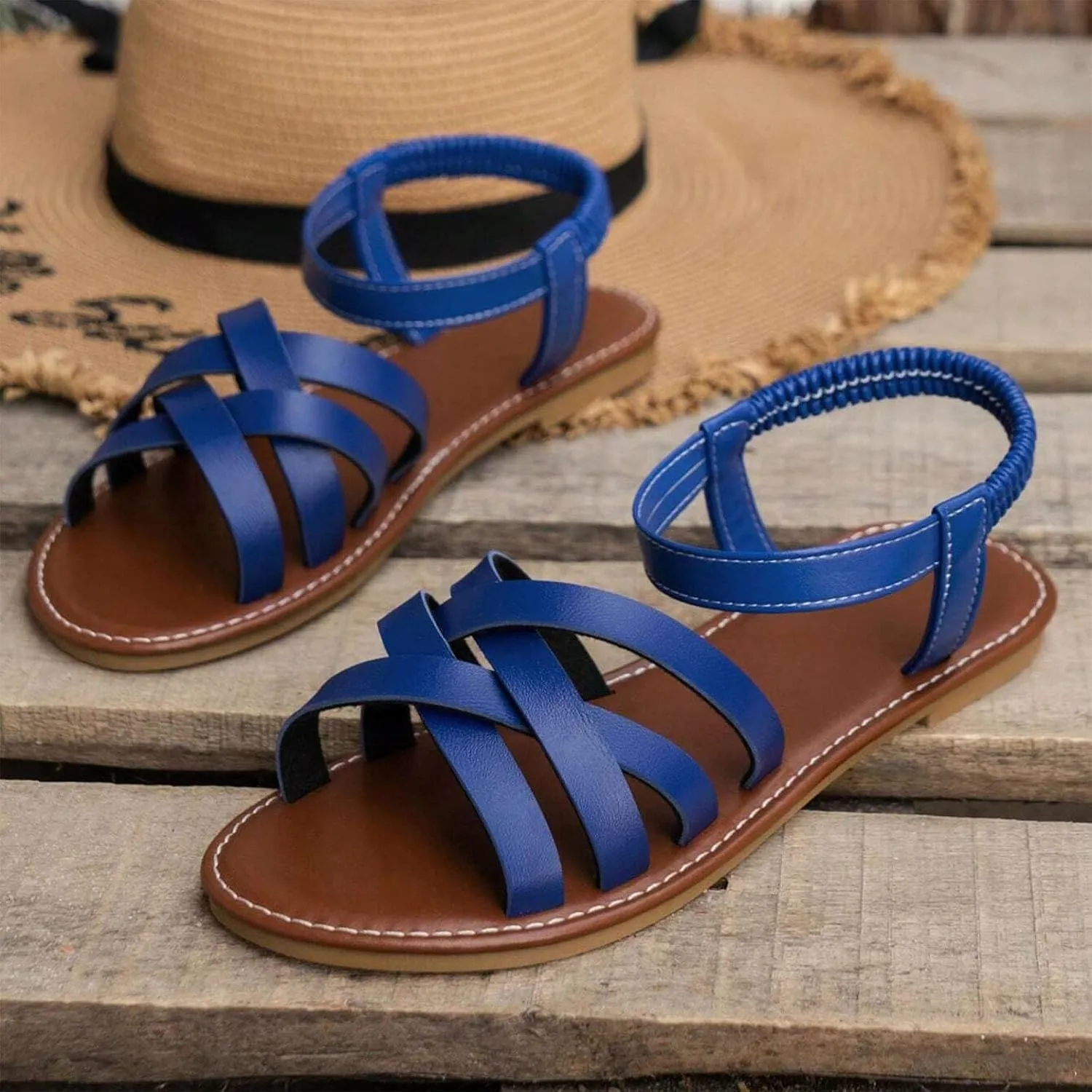 Women Fashion Hollow Strappy Roman Sandals Summer Comfort Walking Flats Casual Lightweight Flat Sandal Shoes