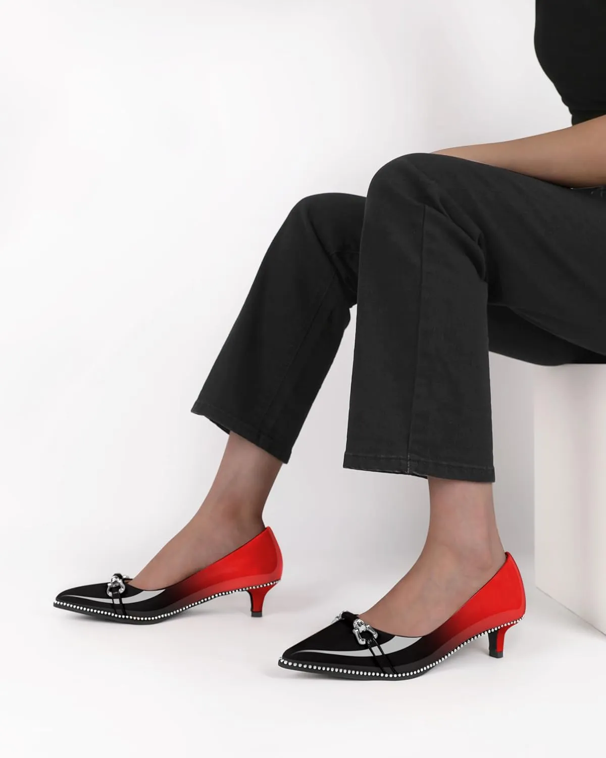 Women Low Heels Kitten Heel Pumps Ladies Beaded Pump Closed Pointd Toe Buckle Bow Shoes Slip On Office Wedding Work Evening 1.5 Inch Heel