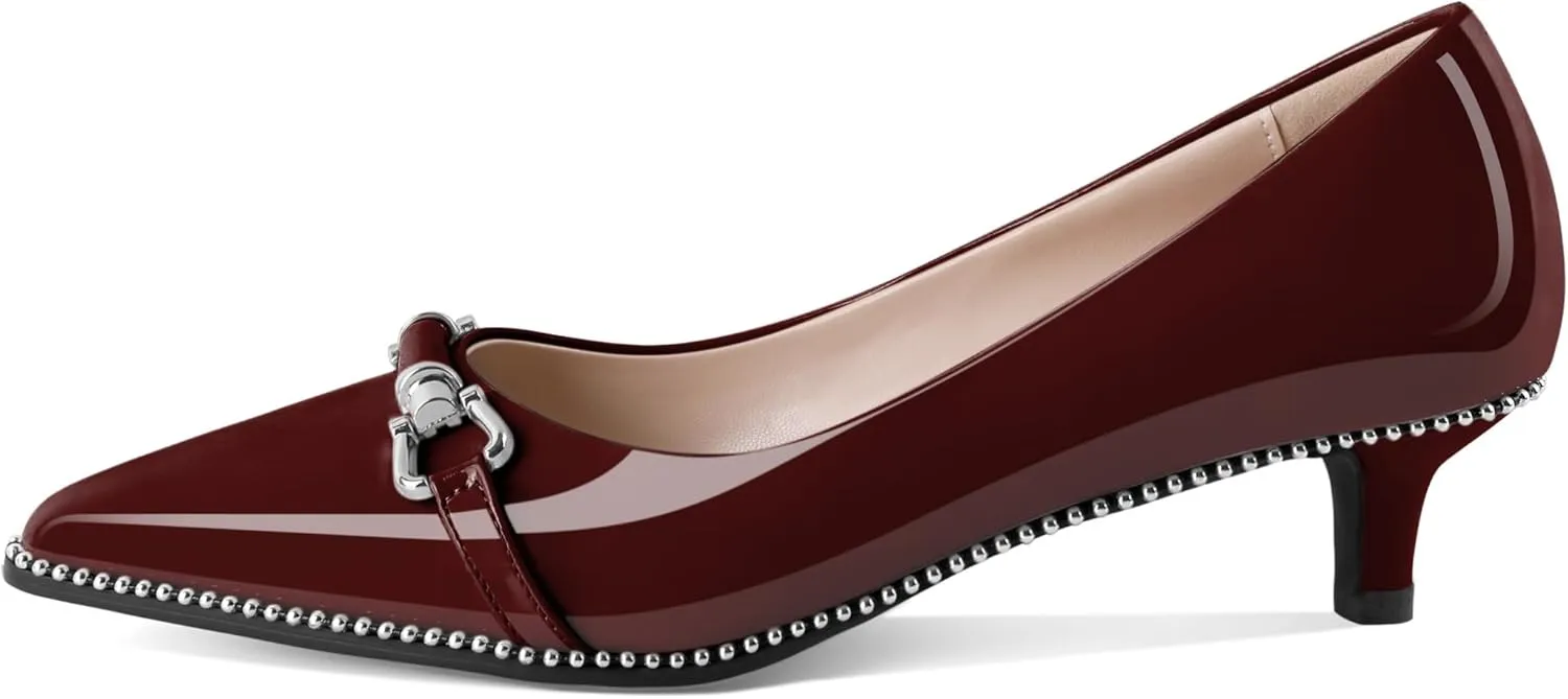 Women Low Heels Kitten Heel Pumps Ladies Beaded Pump Closed Pointd Toe Buckle Bow Shoes Slip On Office Wedding Work Evening 1.5 Inch Heel