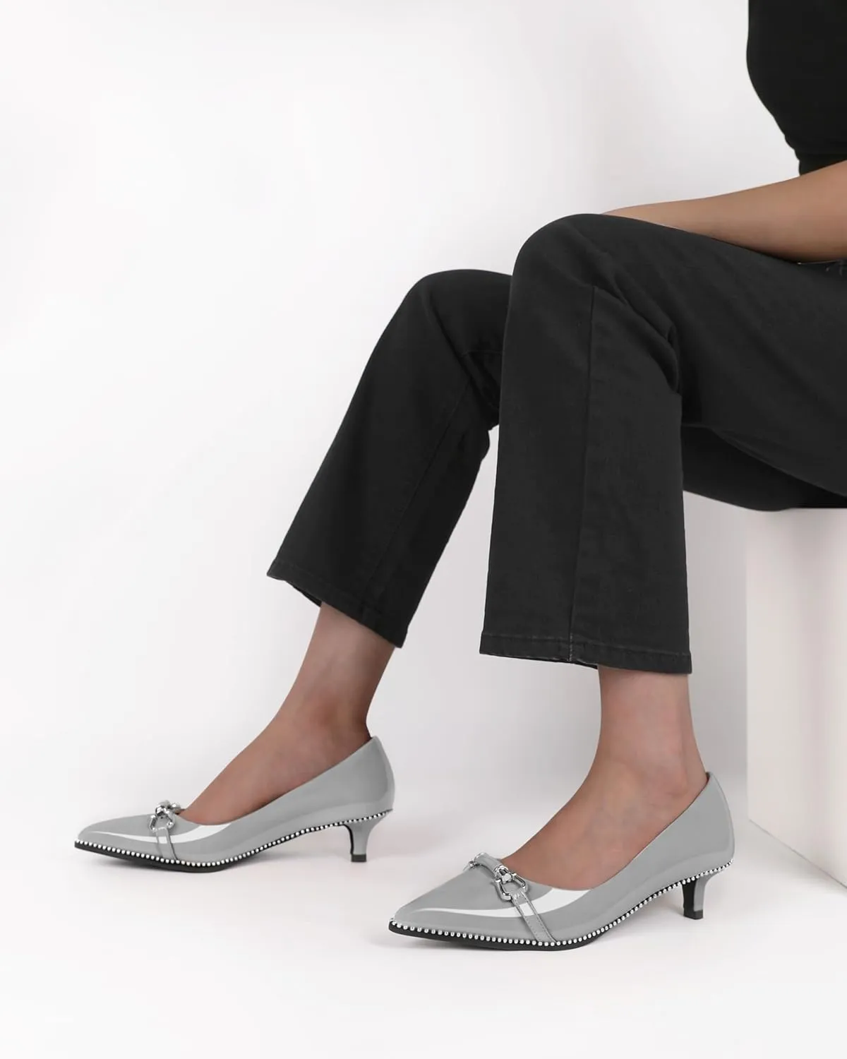 Women Low Heels Kitten Heel Pumps Ladies Beaded Pump Closed Pointd Toe Buckle Bow Shoes Slip On Office Wedding Work Evening 1.5 Inch Heel