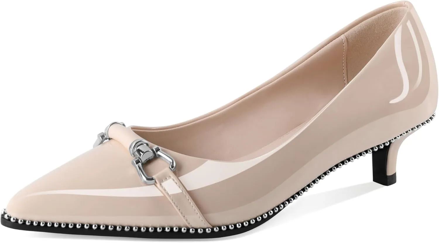 Women Low Heels Kitten Heel Pumps Ladies Beaded Pump Closed Pointd Toe Buckle Bow Shoes Slip On Office Wedding Work Evening 1.5 Inch Heel