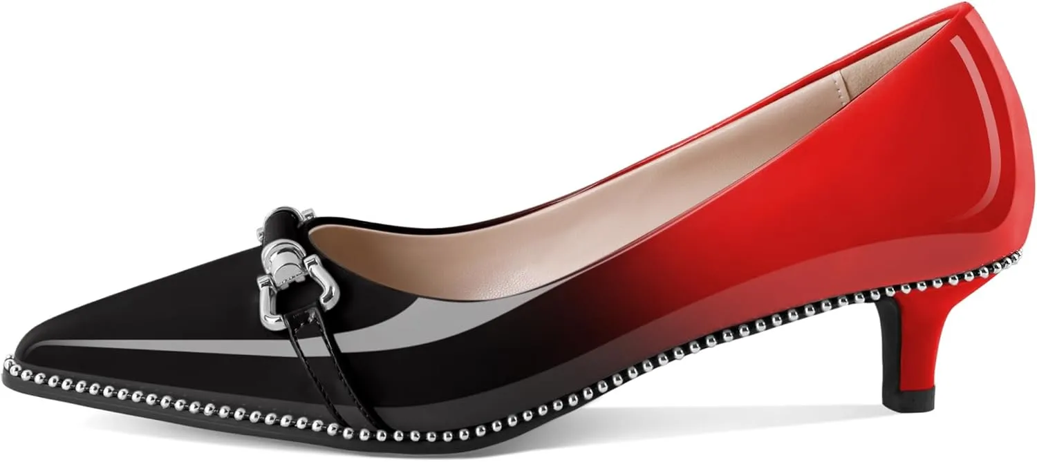 Women Low Heels Kitten Heel Pumps Ladies Beaded Pump Closed Pointd Toe Buckle Bow Shoes Slip On Office Wedding Work Evening 1.5 Inch Heel