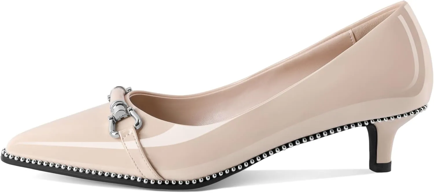 Women Low Heels Kitten Heel Pumps Ladies Beaded Pump Closed Pointd Toe Buckle Bow Shoes Slip On Office Wedding Work Evening 1.5 Inch Heel
