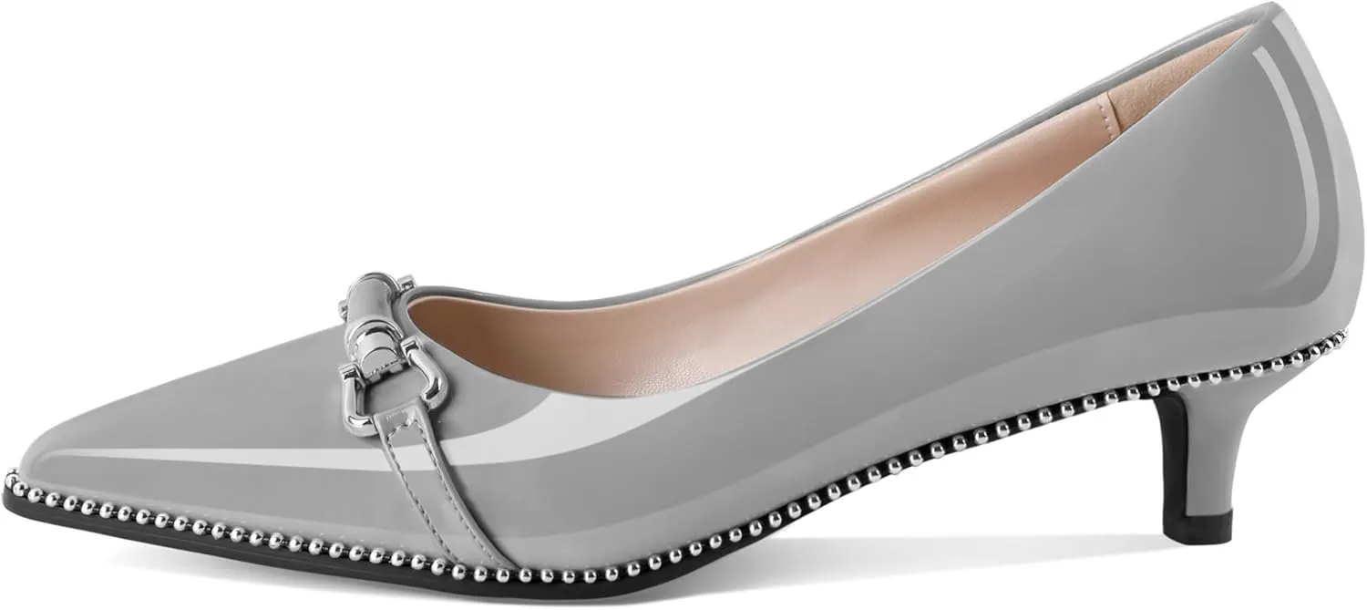 Women Low Heels Kitten Heel Pumps Ladies Beaded Pump Closed Pointd Toe Buckle Bow Shoes Slip On Office Wedding Work Evening 1.5 Inch Heel